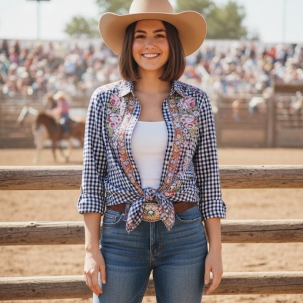 Johnny Was Workshop Gingham Plaid Embroidered Floral Button Down Top Rodeo Shirt